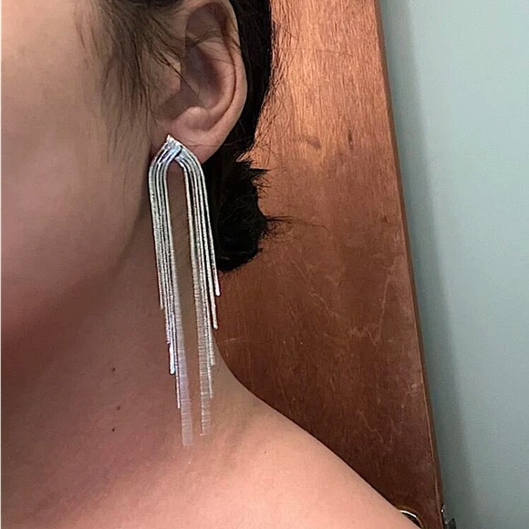 Sterling Silver Chain Tassel V Design Earrings - Picture 3 of 8